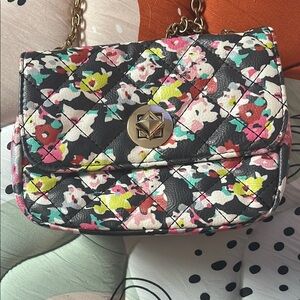 Floral Quilted Chain Shoulder Bag – Black with Pink/Yellow/White Flowers